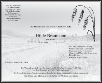 Traueranzeige von Hilde Braumann von Wetterauer Zeitung, Wetterauer Zeitung
