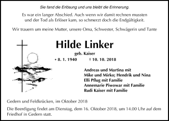 Traueranzeige von Hilde Linker von Alsfelder Allgemeine