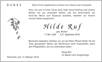 Traueranzeige von Hilde Ruf von Wetterauer Zeitung, Wetterauer Zeitung