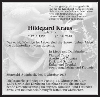 Traueranzeige von Hildegard Kraus von Giessener Allgemeine, Alsfelder Allgemeine