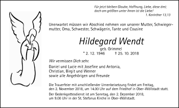 Traueranzeige von Hildegard Wendt von Wetterauer Zeitung, Wetterauer Zeitung