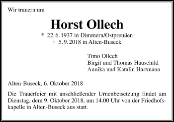 Traueranzeige von Horst Ollech von Giessener Allgemeine, Alsfelder Allgemeine