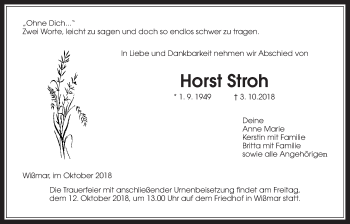Traueranzeige von Horst Stroh von Giessener Allgemeine, Alsfelder Allgemeine