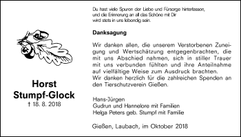 Traueranzeige von Horst Stumpf-Glock von Giessener Allgemeine, Alsfelder Allgemeine