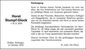 Traueranzeige von Horst Stumpf-Glock von Giessener Allgemeine, Alsfelder Allgemeine