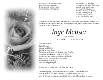 Traueranzeige von Inge Meuser von Wetterauer Zeitung, Wetterauer Zeitung