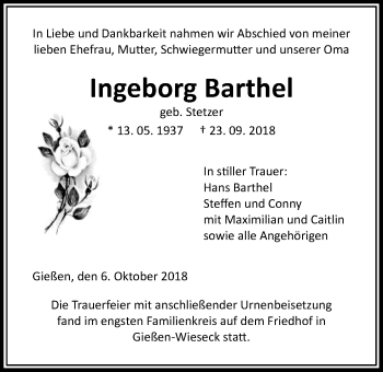 Traueranzeige von Ingeborg Barthel von Giessener Allgemeine, Alsfelder Allgemeine
