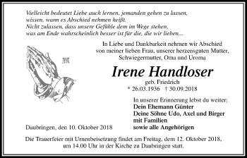 Traueranzeige von Irene Handloser von Giessener Allgemeine, Alsfelder Allgemeine