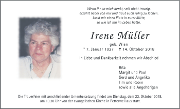 Traueranzeige von Irene Müller von Wetterauer Zeitung, Wetterauer Zeitung