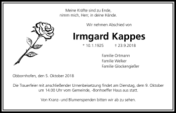Traueranzeige von Irmgard Kappes von Giessener Allgemeine, Alsfelder Allgemeine