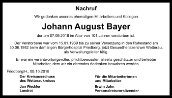 Traueranzeige von Johann August Bayer von Wetterauer Zeitung, Wetterauer Zeitung