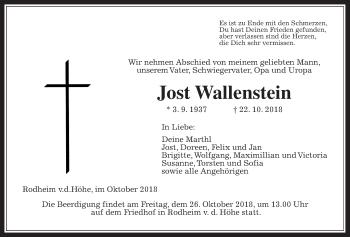 Traueranzeige von Jost Wallenstein von Wetterauer Zeitung, Wetterauer Zeitung