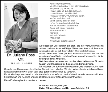 Traueranzeige von Juliane Rose Ott von Giessener Allgemeine, Alsfelder Allgemeine