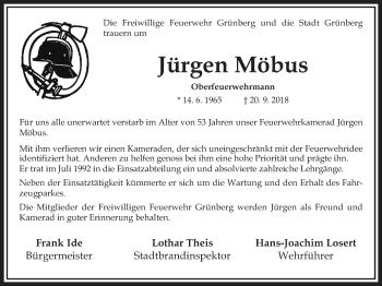 Traueranzeige von Jürgen Möbus von Giessener Allgemeine, Alsfelder Allgemeine