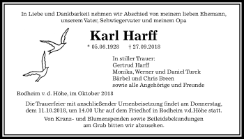 Traueranzeige von Karl Harff von Wetterauer Zeitung, Wetterauer Zeitung