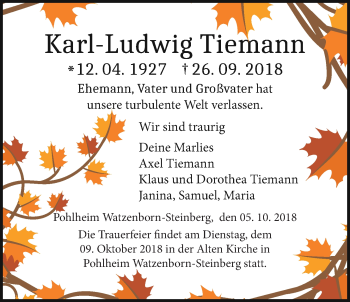Traueranzeige von Karl-Ludwig Tiemann von Pohlheimer Nachrichten, Giessener Allgemeine, Alsfelder Allgemeine