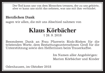 Traueranzeige von Klaus Körbächer von Rabenauer Zeitung