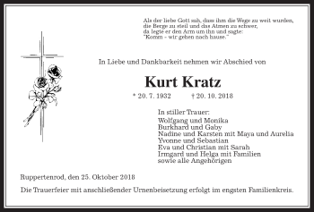 Traueranzeige von Kurt Kratz von Alsfelder Allgemeine, Mücker Stimme