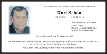 Traueranzeige von Kurt Schön von Giessener Allgemeine, Alsfelder Allgemeine