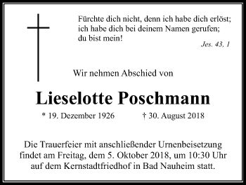 Traueranzeige von Lieselotte Poschmann von Wetterauer Zeitung, Wetterauer Zeitung