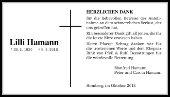 Traueranzeige von Lilli Hamann von Alsfelder Allgemeine