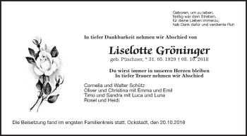 Traueranzeige von Liselotte Gröninger von Wetterauer Zeitung, Wetterauer Zeitung