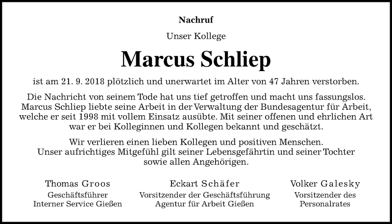 Traueranzeige für Marcus Schliep vom 06.10.2018 aus Giessener Allgemeine, Alsfelder Allgemeine