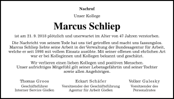 Traueranzeige von Marcus Schliep von Giessener Allgemeine, Alsfelder Allgemeine