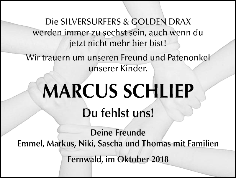  Traueranzeige für Marcus Schliep vom 09.10.2018 aus Giessener Allgemeine, Alsfelder Allgemeine