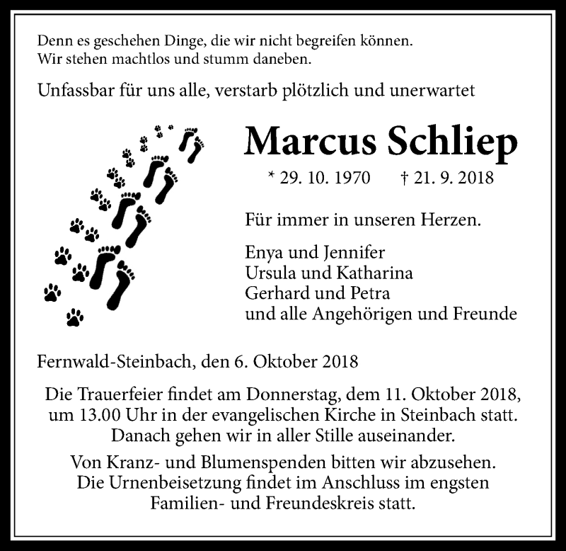  Traueranzeige für Marcus Schliep vom 06.10.2018 aus Giessener Allgemeine, Alsfelder Allgemeine