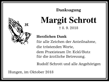 Traueranzeige von Margit Schrott von Licher Wochenblatt, Licher Wochenblatt, Licher Wochenblatt