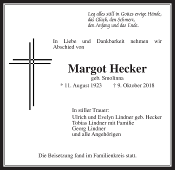 Traueranzeige von Margot Hecker von Wetterauer Zeitung, Wetterauer Zeitung