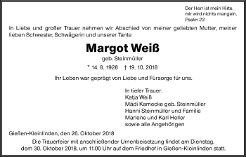 Traueranzeige von Margot Weiß von Giessener Allgemeine, Alsfelder Allgemeine