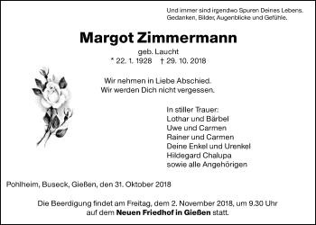 Traueranzeige von Margot Zimmermann von Giessener Allgemeine, Alsfelder Allgemeine