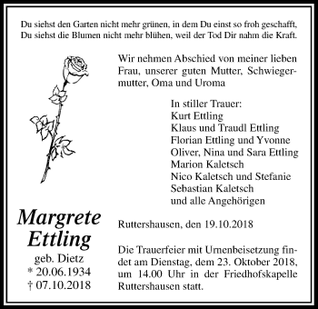 Traueranzeige von Margrete Ettling von Giessener Allgemeine, Alsfelder Allgemeine