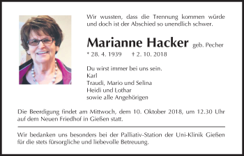 Traueranzeige von Marianne Hacker von Giessener Allgemeine, Alsfelder Allgemeine