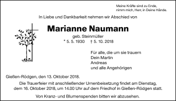 Traueranzeige von Marianne Naumann von Giessener Allgemeine, Alsfelder Allgemeine