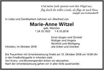 Traueranzeige von Marie-Anne Witzel von Licher Wochenblatt, Licher Wochenblatt, Licher Wochenblatt