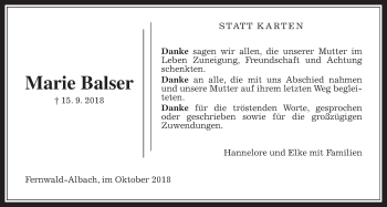 Traueranzeige von Marie Balser von Giessener Allgemeine, Alsfelder Allgemeine