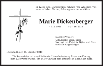Traueranzeige von Marie Dickenberger von Wetterauer Zeitung, Wetterauer Zeitung
