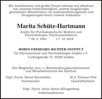 Traueranzeige von Marita Schütz-Hartmann von Giessener Allgemeine, Alsfelder Allgemeine