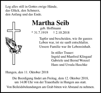 Traueranzeige von Martha Seib von Licher Wochenblatt, Licher Wochenblatt, Licher Wochenblatt