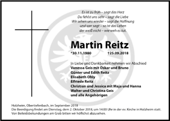Traueranzeige von Martin Reitz von Giessener Allgemeine, Alsfelder Allgemeine