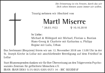 Traueranzeige von Martl Miserre von Giessener Allgemeine, Alsfelder Allgemeine