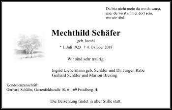 Traueranzeige von Mechthild Schäfer von Wetterauer Zeitung, Wetterauer Zeitung