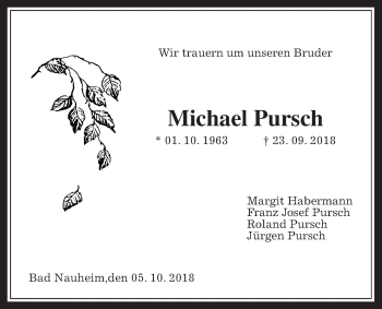 Traueranzeige von Michael Pursch von Wetterauer Zeitung, Wetterauer Zeitung