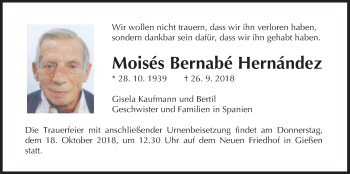 Traueranzeige von Moisés Bernabé Hernández von Giessener Allgemeine, Alsfelder Allgemeine