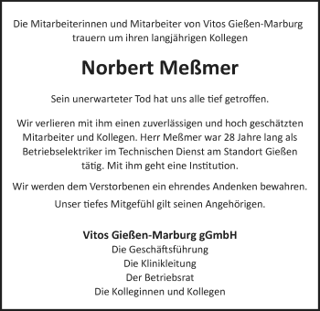 Traueranzeige von Norbert Meßmer von Giessener Allgemeine, Alsfelder Allgemeine