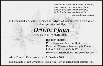 Traueranzeige von Ortwin Pfann von Giessener Allgemeine, Alsfelder Allgemeine