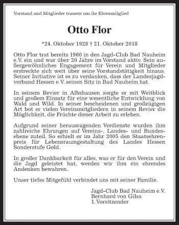 Traueranzeige von Otto Flor von Wetterauer Zeitung, Wetterauer Zeitung